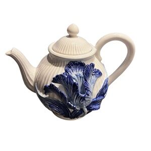 1991 Blue Dimensional Fitz and Floyd Iris 3-D Flower Teapot with Lid